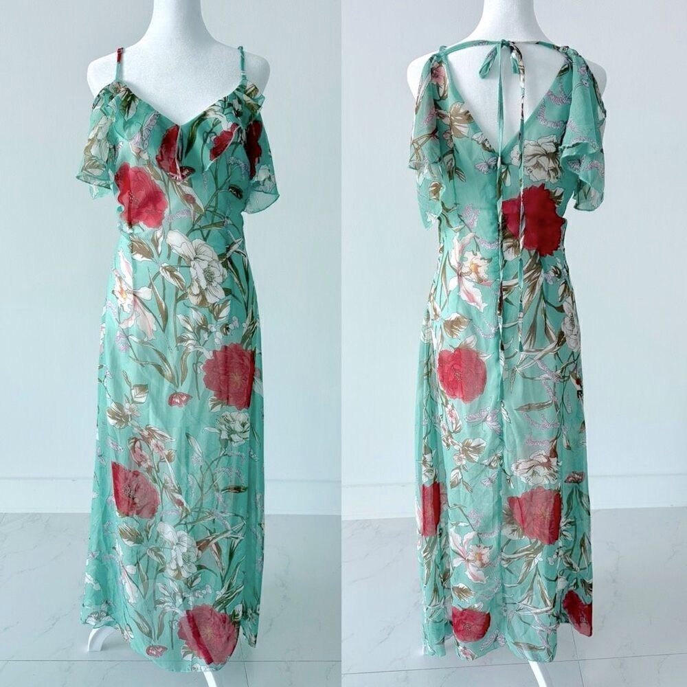 Ruffle Cold Shoulder Tie Back Floral Maxi Dress